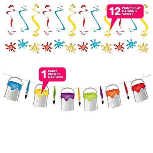 Art Party Supplies for Artist Parties, Paint Parties, and Classroom Supplies (Paint Bucket Garland and Paint Splatter Hanging Swirl Decorations Set) party supplies
