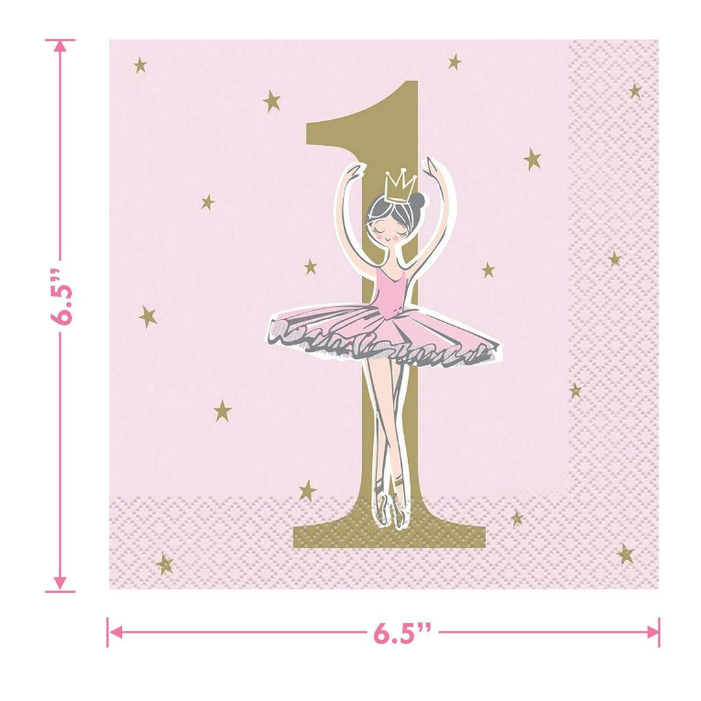 Ballerina Pink & Gold Paper 1st Birthday Paper Dinner Plates and Lunch Napkins (Serves 16) party supplies