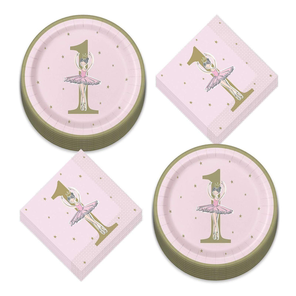 Ballerina Pink & Gold Paper 1st Birthday Paper Dinner Plates and Lunch Napkins (Serves 16) party supplies