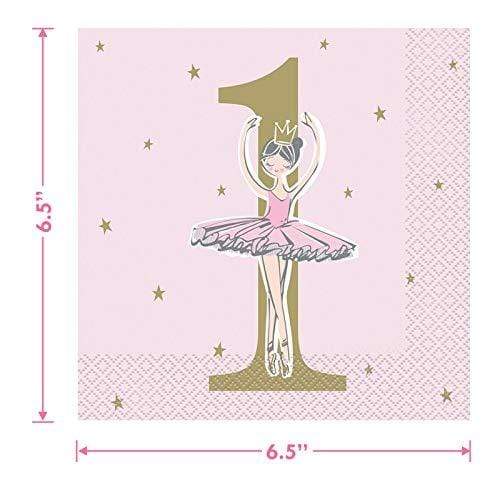 Ballerina Pink & Gold Paper Dessert Plates and 1st Birthday Lunch Napkins (Serves 16) party supplies