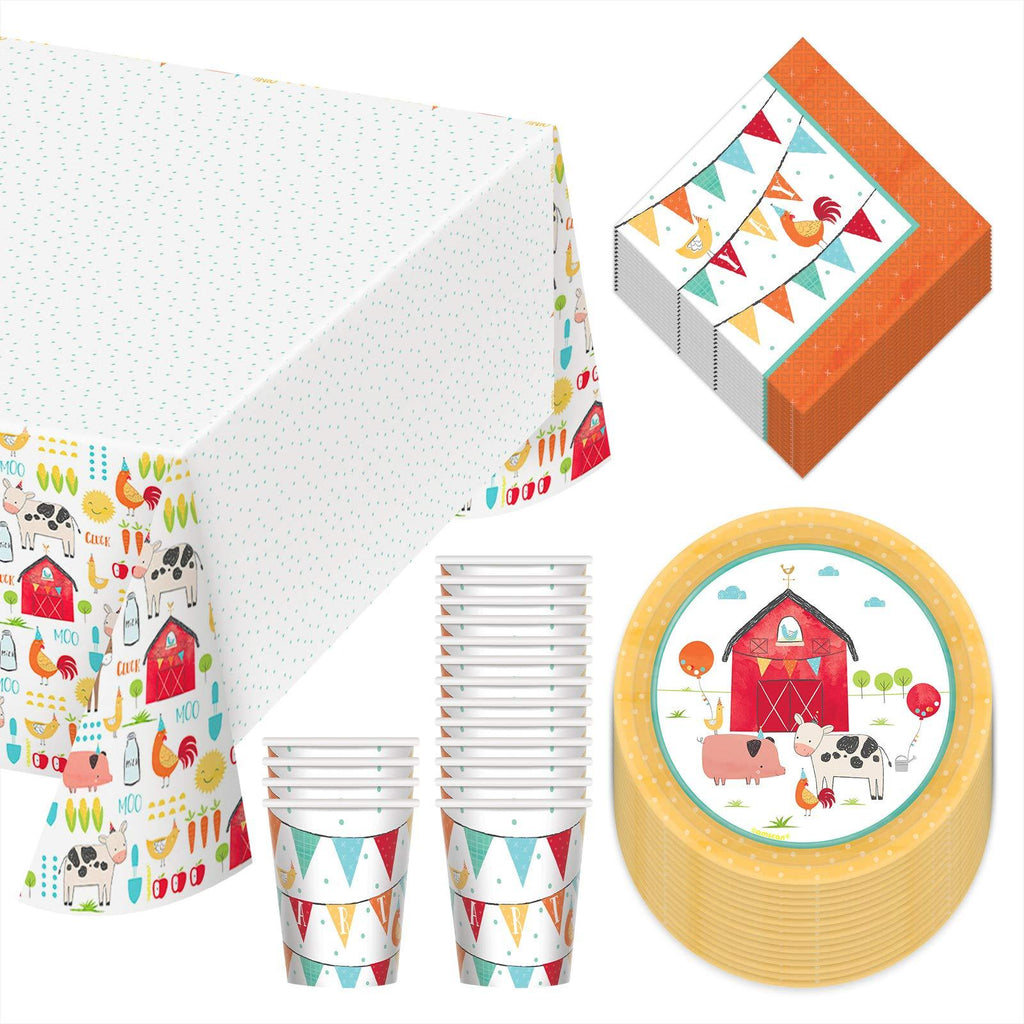 Barnyard Birthday Party Pack - Farm Animal Paper Dessert Plates, Napkins, Cups, Table Cover Set (Serves 16) party supplies