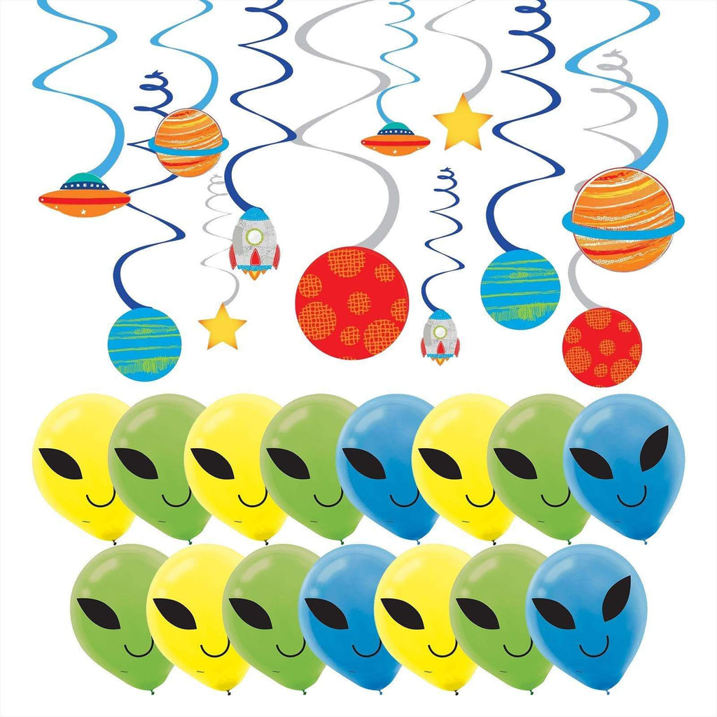 Blast Off Outer Space Party Accessories - Assorted Latex Alien Balloons and Hanging Swirl Cutout Decorations party supplies