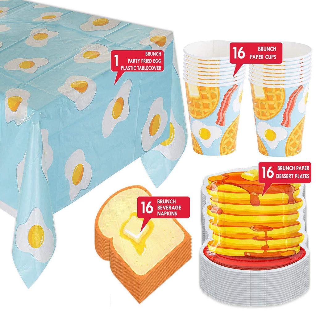 Breakfast Party Dessert Pack - Pancake Paper Dessert Plates, Toast Napkins, Eggs & Bacon Cups, and Fried Egg Table Cover Set (Serves 16) party supplies