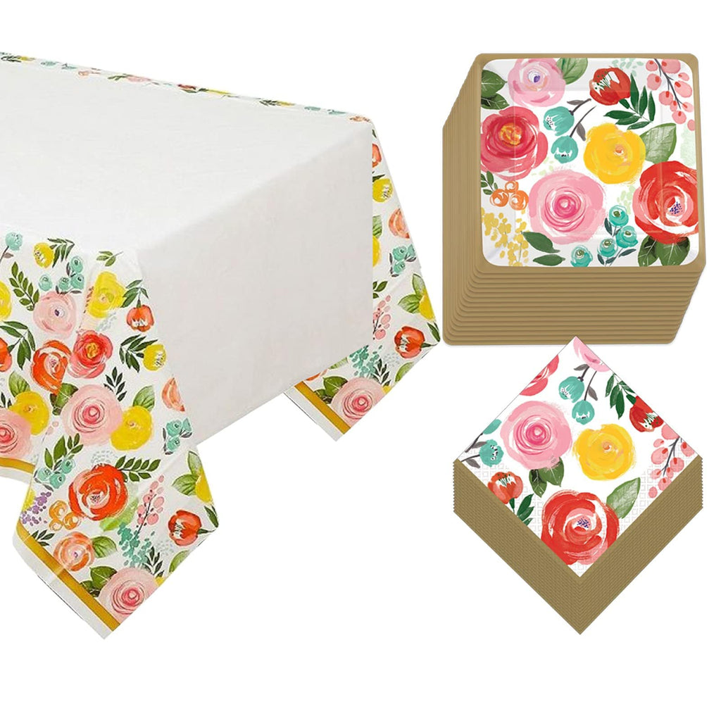 Bright Floral Gold Trim Square Paper Dessert Plates, Beverage Napkins, and Table Cover Set (Serves 16) party supplies