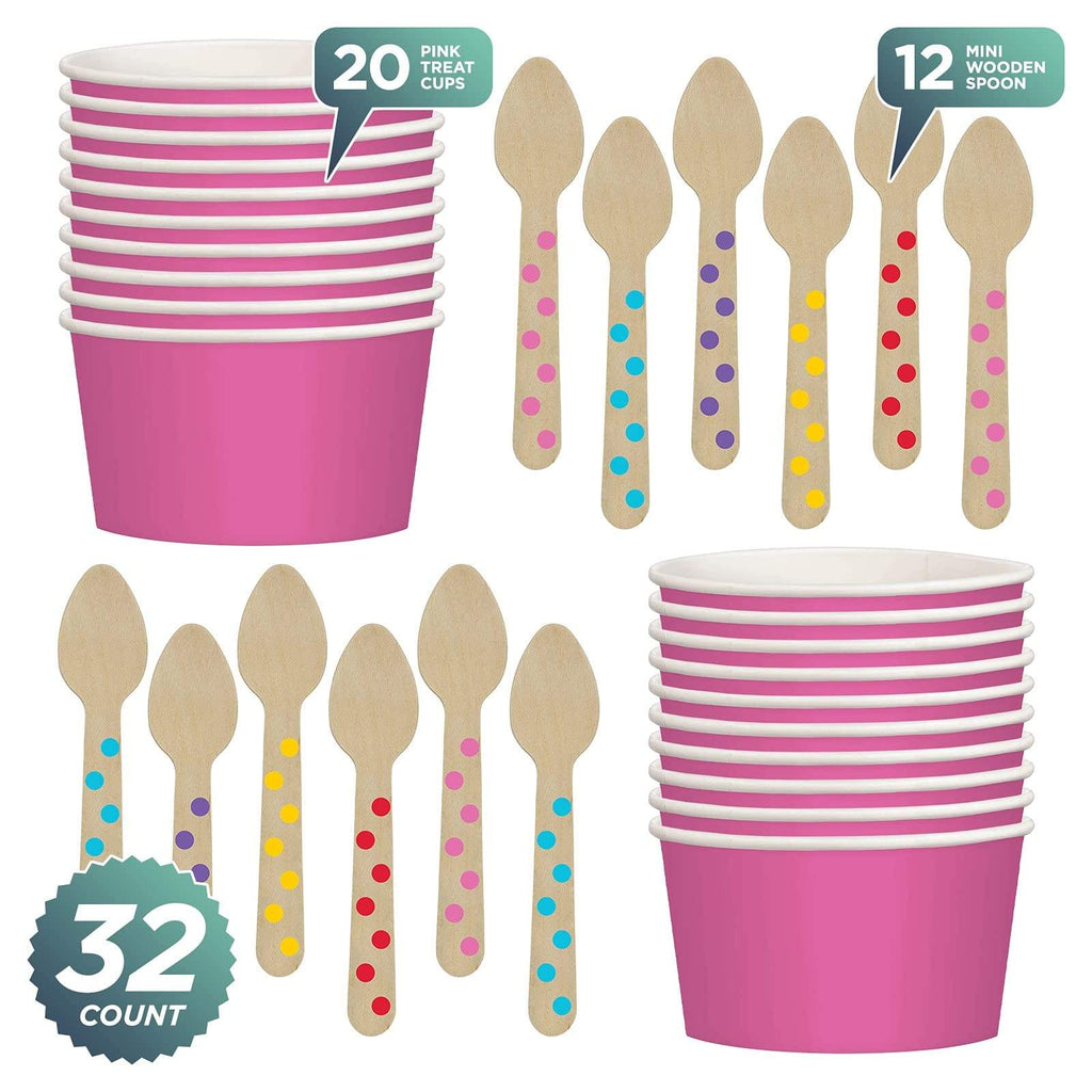 Bright Pink Ice Cream Treat Cups & Mini Wooden Polka Dot Spoons Set (Serves 12) party supplies