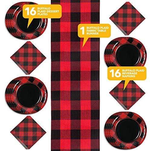 Buffalo Plaid Party Supplies - Paper Plates, Napkins, Fabric Tablerunner Set (Serves 16) party supplies