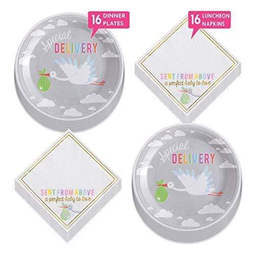 Bundle of Joy Stork Paper Dinner Plates and Luncheon Napkins (Serves 16) party supplies