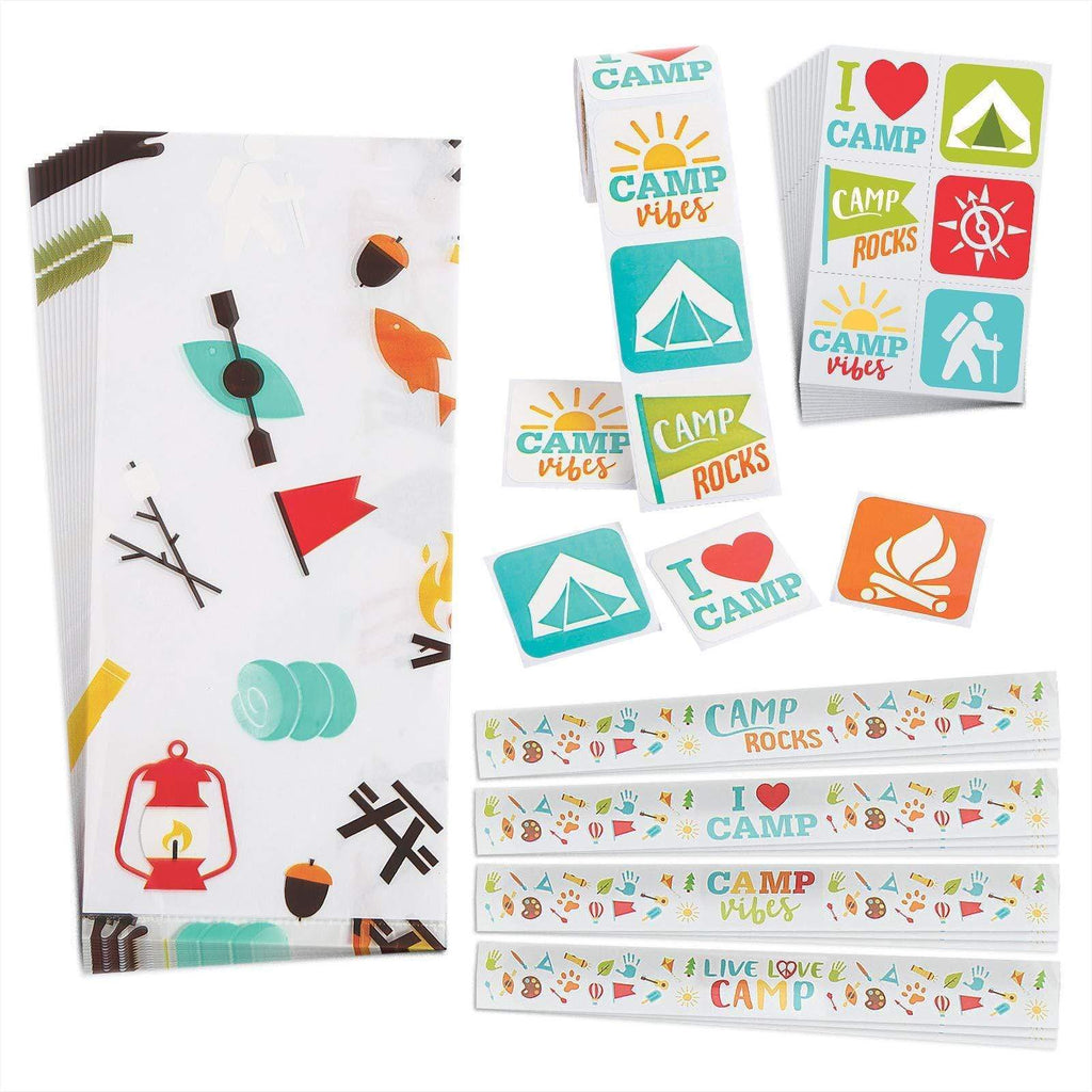 Camp Out Party Favors - Camping Theme Goody Bags, Slap Bracelets, Stickers, and Tattoos for 12 Guests party supplies