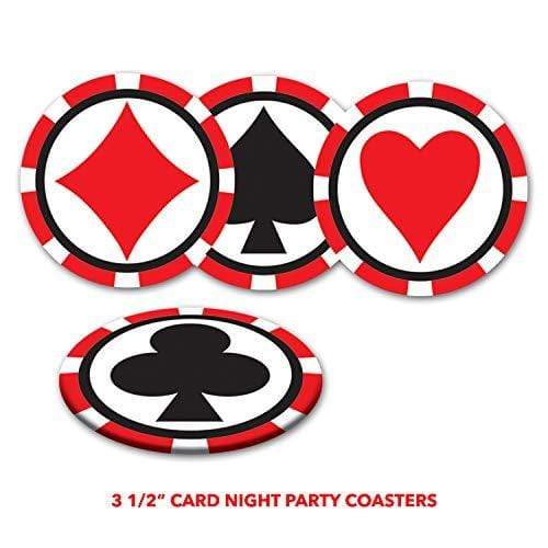 Card Night Party Pack - Red, Black and White Table Cover, Hanging Whirls, and Beverage Coasters Set party supplies
