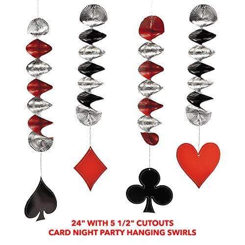 Card Night Party Pack - Red, Black and White Table Cover, Hanging Whirls, and Beverage Coasters Set party supplies