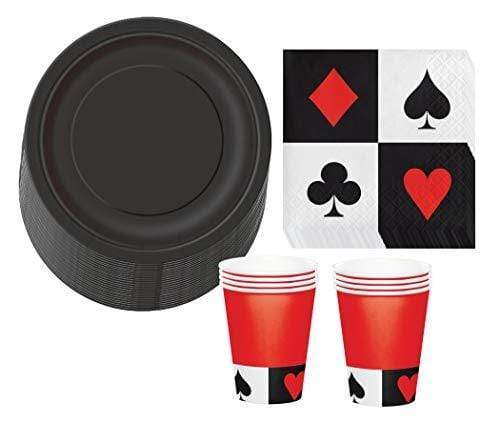 Card Party and Casino Poker Party Supplies - Black Paper Dessert Plates, Playing Card Beverage Napkins, and Matching Black and Red Cups (Serves 16) party supplies