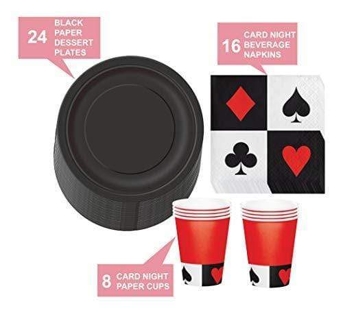 Card Party and Casino Poker Party Supplies - Black Paper Dessert Plates, Playing Card Beverage Napkins, and Matching Black and Red Cups (Serves 16) party supplies