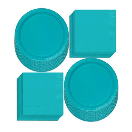 Caribbean Blue Paper Dinner Plates and Luncheon Napkins, Solid Blue Party Supplies and Summer Table Decorations (Serves 16) party supplies
