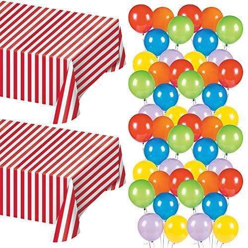 Carnival Party Supplies and Circus Decorations - Red and White Striped Tablecover and Assorted Balloons party supplies