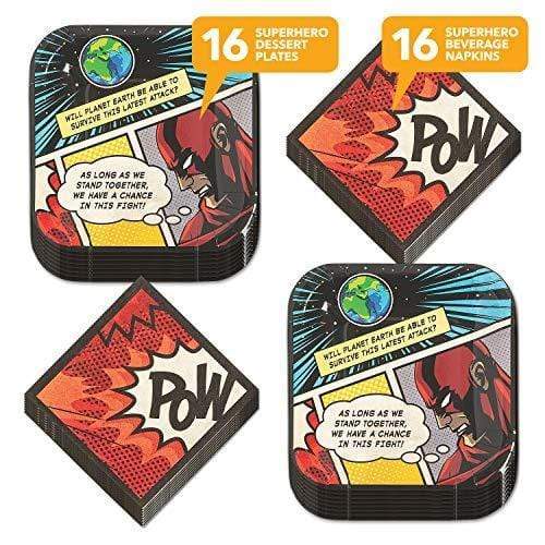 Comic Superhero Party Supplies - Dessert Plates and Beverage Napkins for Hero Birthday Party (Serves 16) party supplies