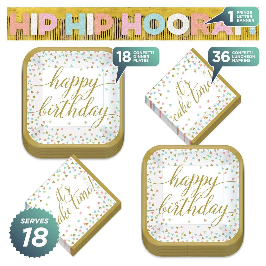 Confetti Fun Happy Birthday Square Paper Dinner Plates, Lunch Napkins, and Fringe Letter Banner Set (Serves 16) party supplies