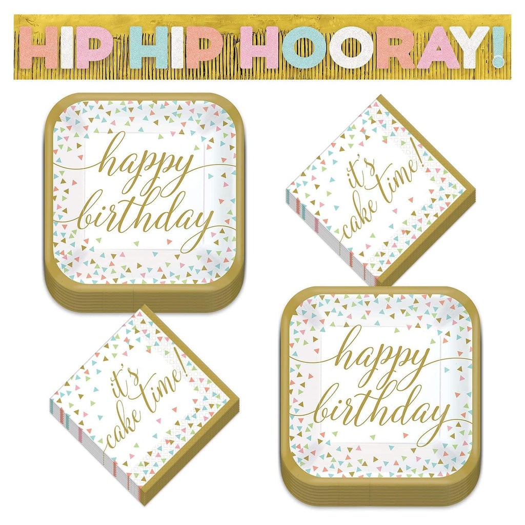 Confetti Fun Happy Birthday Square Paper Dinner Plates, Lunch Napkins, and Fringe Letter Banner Set (Serves 16) party supplies