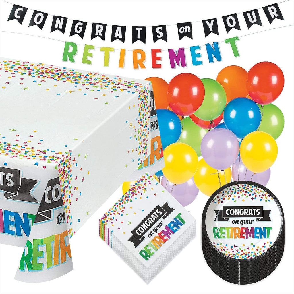 Congrats On Your Retirement Party Paper Dessert Plates, Napkins, Table Cover, Garland, and Balloon Set (Serves 16) party supplies