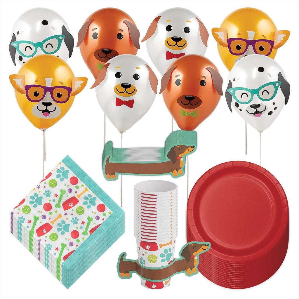 Dog Party Pack - Red Paper Dessert Plates, Dog Bone Lunch Napkins, Cups with Sleeves, and Assorted Balloon Decorations (Serves 16) party supplies