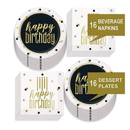 Dots Birthday Party Supplies - Black, White, Metallic Gold Dot Confetti Paper Dessert Plates and Beverage Napkins (Serves 16) party supplies