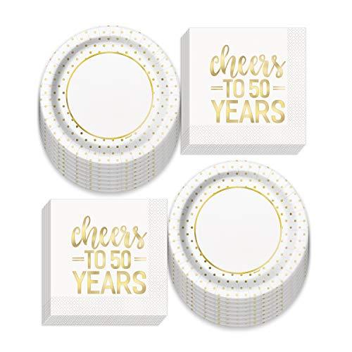 Fancy Gold Metallic Dots Paper Dinner Plates and Luncheon Napkins, Cheers to 50 Years Birthdays and Anniversaries (Serves 16) party supplies