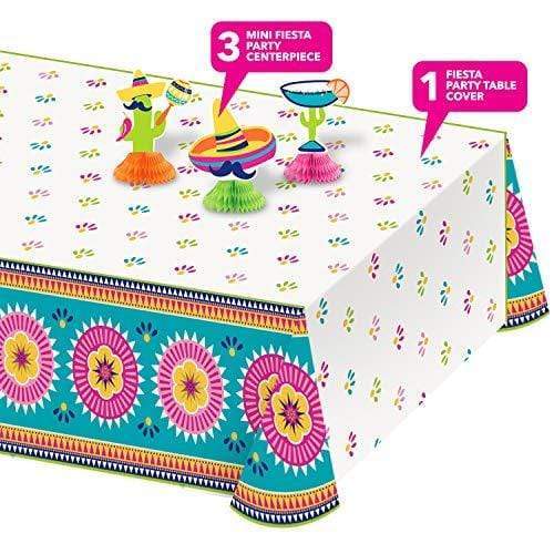 Fiesta Table Decorations - Plastic Tablecover and Mini Tissue Centerpieces for Cinco De Mayo, Taco Parties, and Mexican Fiestas (4 Piece Set) party supplies