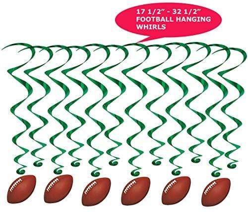 Football Party Supplies - Metallic Hanging Football Whirls and Green Football Field Table Cover With Yard Lines party supplies