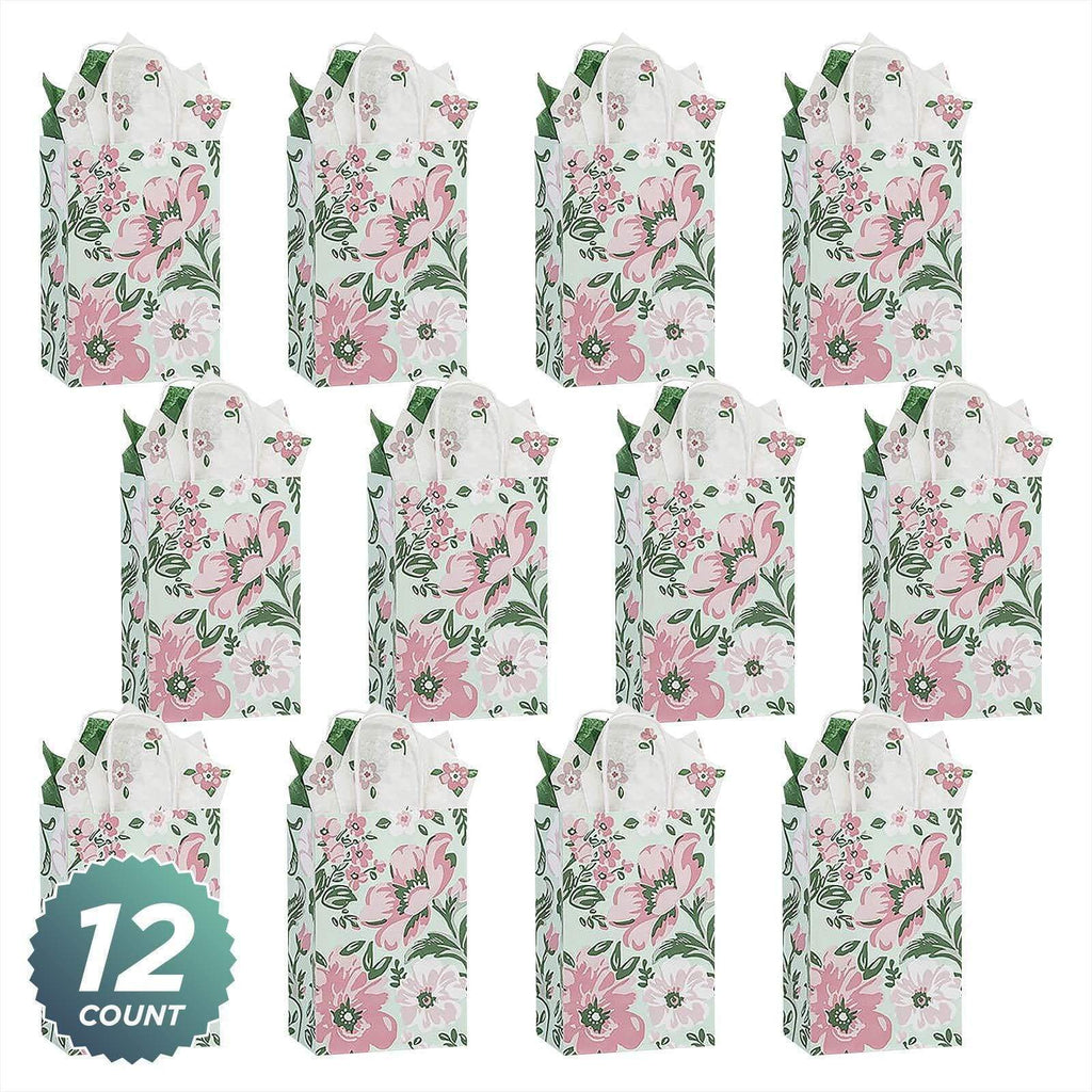 Fresh Mint and Pink Floral Paper Gift Bags and Party Favor Bags, 5.5x3.25x8.5" (12 Pack) party supplies