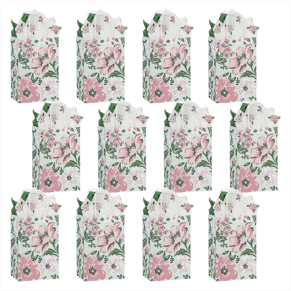 Fresh Mint and Pink Floral Paper Gift Bags and Party Favor Bags, 5.5x3.25x8.5" (12 Pack) party supplies