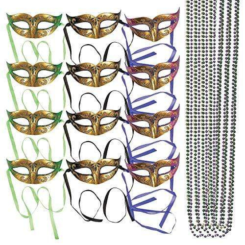 Gold Masquerade Ball Masks (12 ct) and Colored Bead Necklace Assortment (12 ct) - Party Favors for Masquerades and Mardi Gras party supplies
