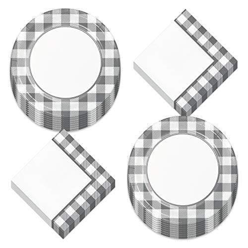 Gray Buffalo Plaid Party Supplies - Gray and White Checkered Gingham Paper Dinner Plates and Luncheon Napkins (Serves 16) party supplies