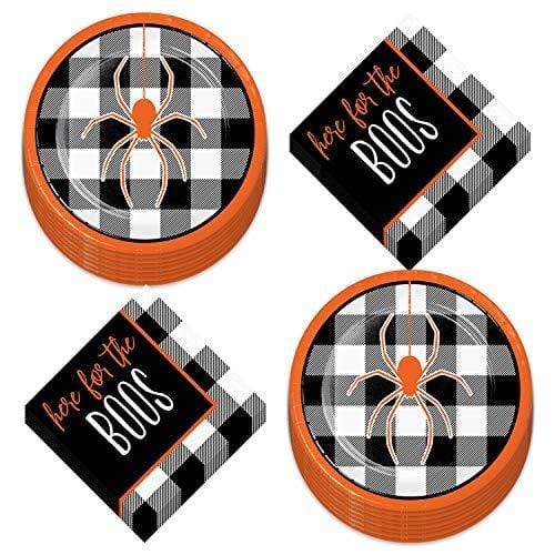 Halloween Party Black Plaid Spider Paper Dessert Plates &"Here for The Boos" Beverage Napkins (Serves 16) party supplies