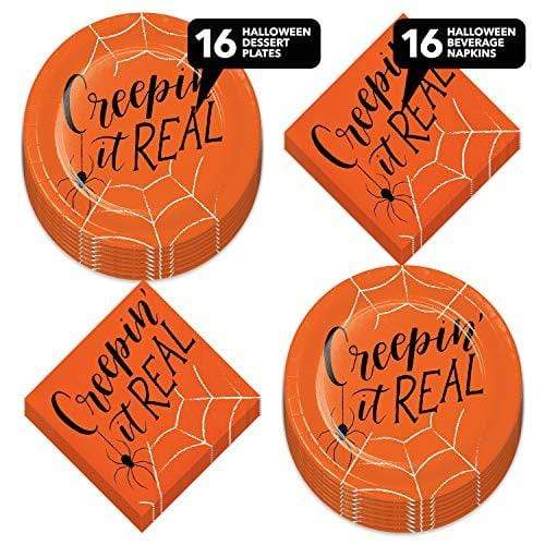 Halloween Party Spider Web"Creepin' It Real" Paper Dessert Plates & Beverage Napkins (Serves 16) party supplies