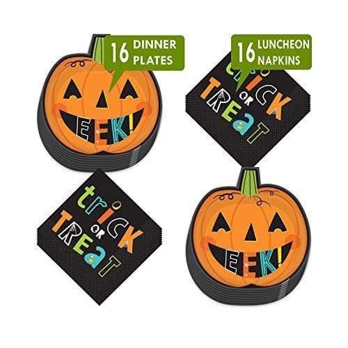 Halloween Party Supplies - Large Pumpkin Shaped Paper Dinner Plates & Trick or Treat Lunch Napkins (Set of 16) party supplies