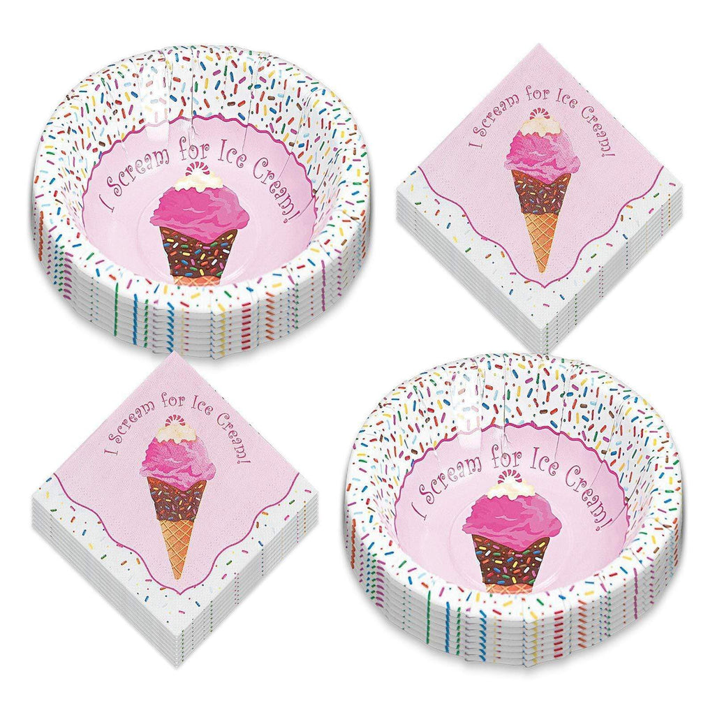 Ice Cream Party Supplies - I Scream for Ice Cream Cone & Sprinkles Paper Bowls and Napkins (Serves 16) party supplies