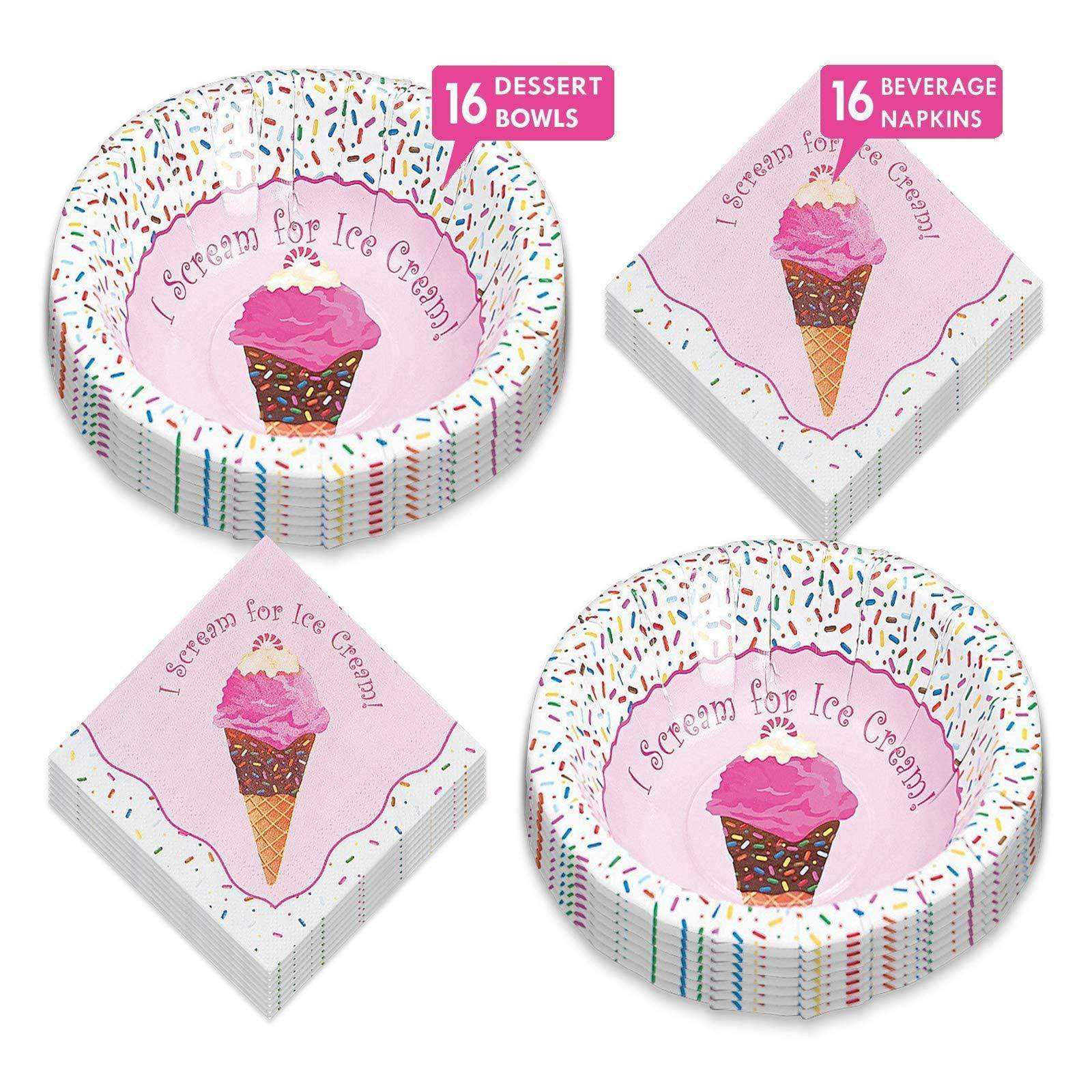 Ice Cream Party Supplies - I Scream for Ice Cream Cone & Sprinkles Paper  Bowls and Napkins (Serves 16)