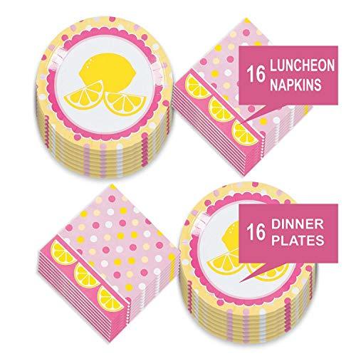 Lemon Party Supplies - Pink Lemonade Lemon Slice Paper Dinner Plates and Luncheon Napkins (Serves 16) party supplies