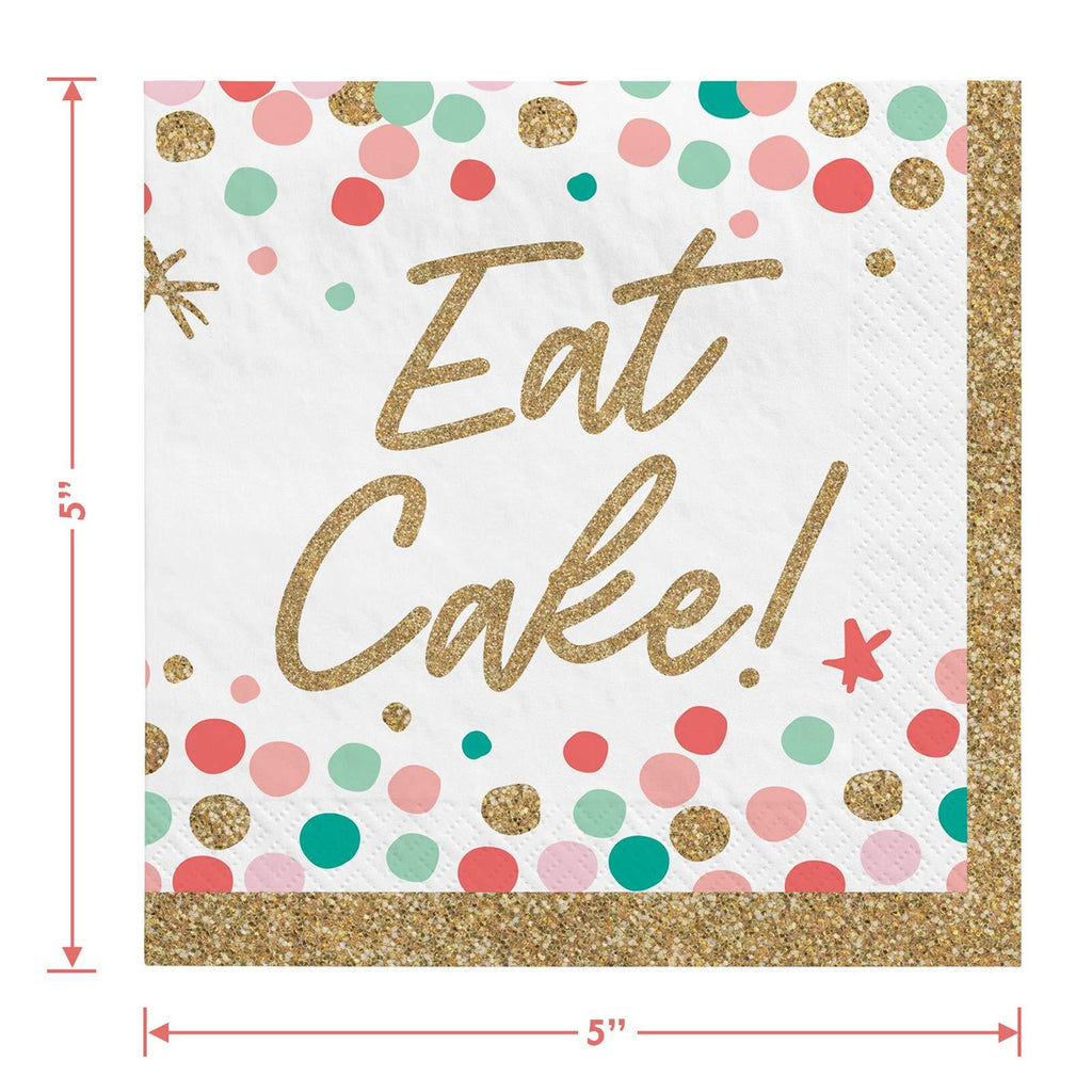 Let's Celebrate Confetti Gold Trim Square Paper Dessert Plates and Let's Eat Cake Beverage Napkins (Serves 16) party supplies