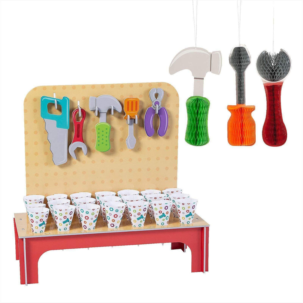 Little Handyman Party Treat Stand and Hanging Honeycomb Tool Decorations party supplies