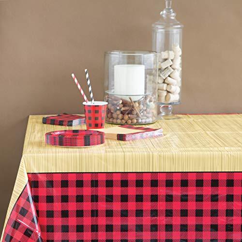 Lumberjack Party Supplies - Red and Black Buffalo Plaid & Wood Plastic Table Cover, 54" x 84" (2 Pack) party supplies