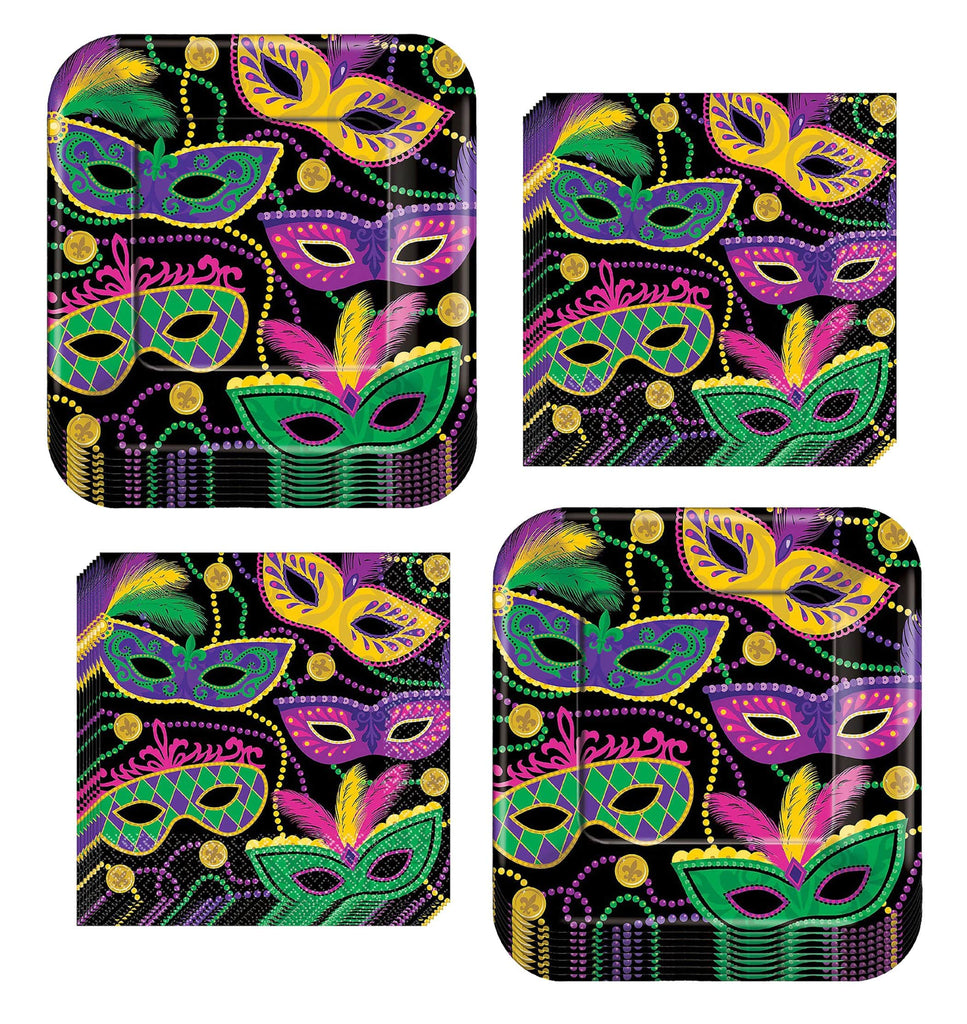 Mardi Gras Decorations - Metallic Maquerade Mask Paper Dinner Plates and Luncheon Napkins (Serves 16) (Masquerade Masks and Beads Paper Dessert Plates and Beverage Napkins) party supplies