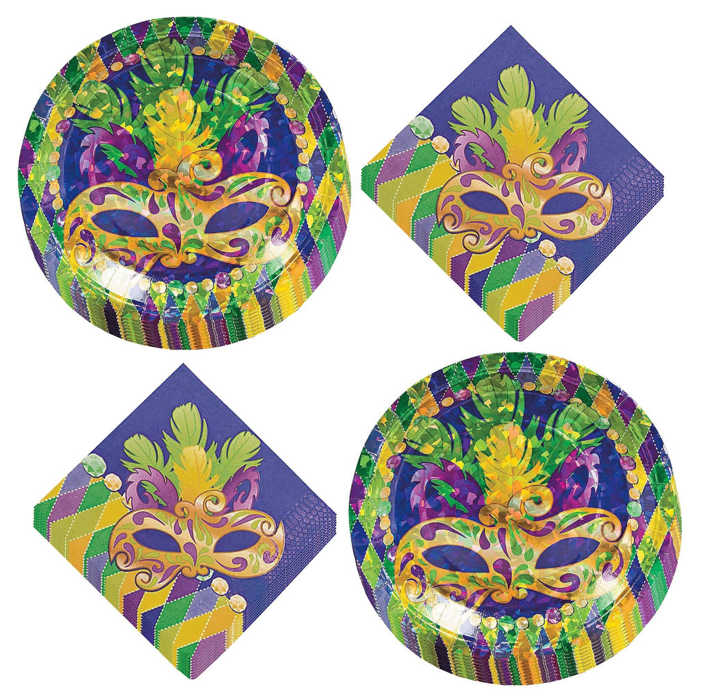 Mardi Gras Decorations - Metallic Maquerade Mask Paper Dinner Plates, Dessert Plates and Luncheon Napkins (Serves 16) party supplies