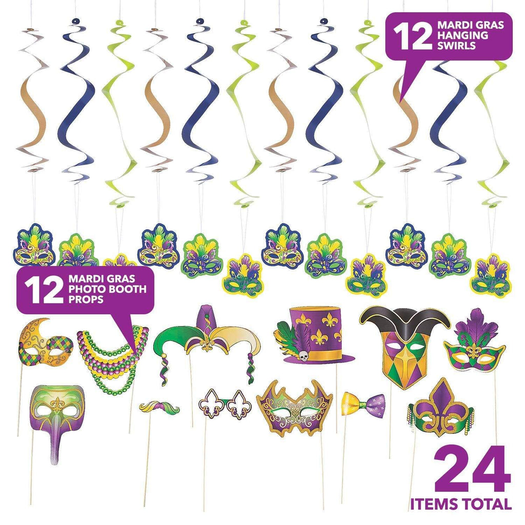 Mardi Gras Photo Booth Set - Complete Selfie Station with Mask Props and Hanging Swirl Backdrop Party Decorations (24 pieces) party supplies