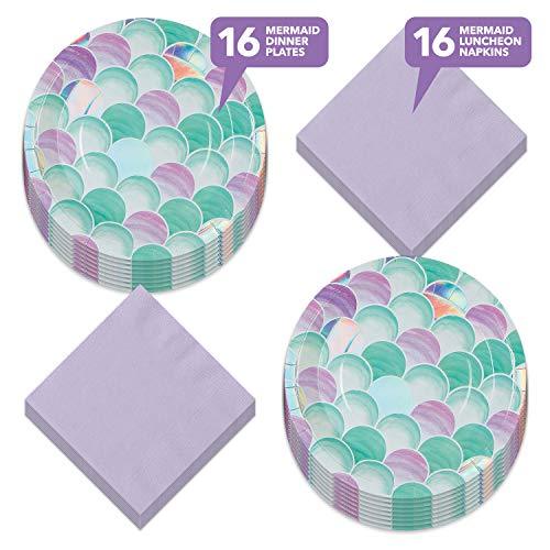 Mermaid Party Supplies - Mermaid Sparkle Paper Dinner Plates and Light Purple Luncheon Napkins (Serves 16) party supplies