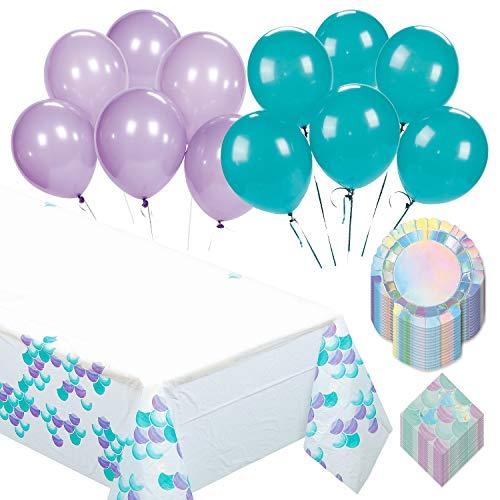 Mermaid Party Supplies - Party Pack of Clamshell Plates, Mermaid Scales Napkins and Tablecover, and 12 Balloons (Serves 16) party supplies