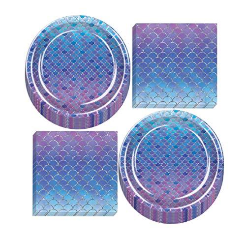 Mermaid Party Supplies - Purple and Blue Ombre Metallic Mermaid Scales Paper Dinner Plates and Napkins (Serves 16) party supplies