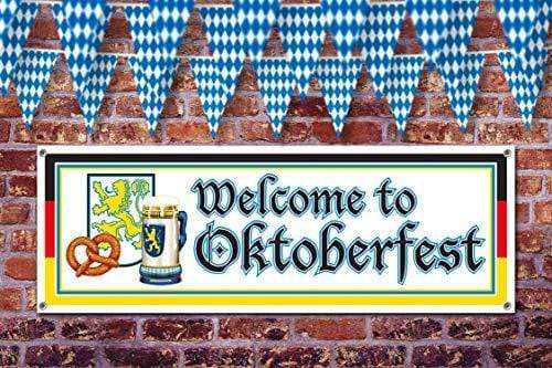 Oktoberfest Decorations - Indoor Outdoor Party Welcome Banner (5ft Wide) with Checkered Pennant Flags (30 ft Long) party supplies