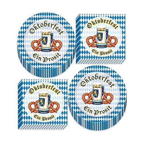 Oktoberfest Party Supplies - Blue and White Checkered Pretzel Paper Dessert Plates and Beverage Napkins (Serves 16) party supplies