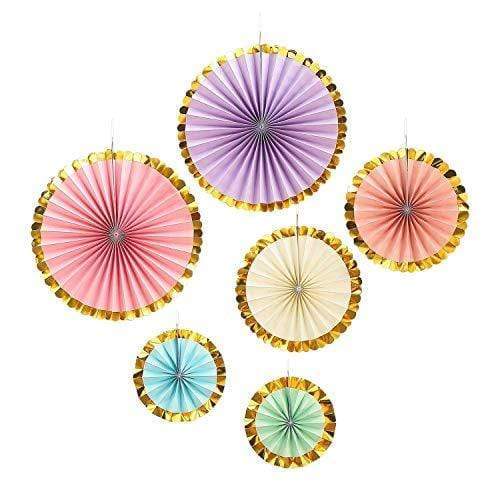 Paper Fan Hanging Decorations with Gold Trim for Ice Cream Parties, Unicorn and Princess Birthdays, Showers, and More (6 Piece Set) party supplies