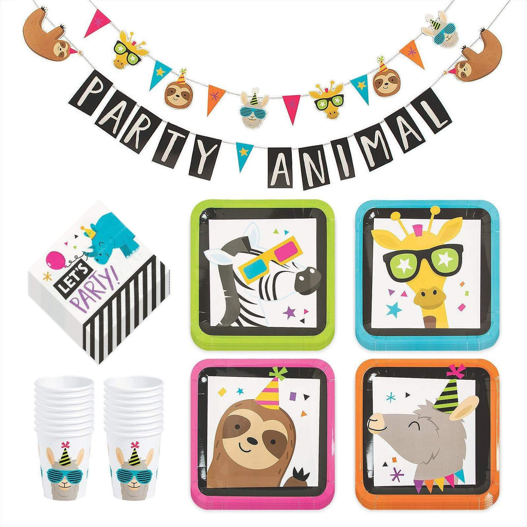 Party Animal Dinner Pack - Sloth, Llama, Zebra, and Giraffe Assorted Paper Dinner Plates, Napkins, Cups, and Garland Set (Serves 16) party supplies